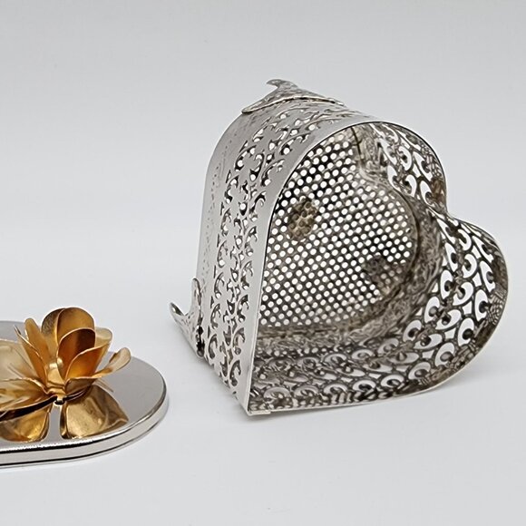 Silver Plated Heart Shaped Trinket Jewelry Box Filigree Brass Rose Lid VTG - Picture 7 of 9